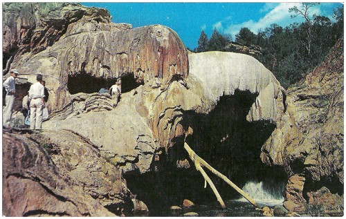 Spectacular Soda Dams, Jemez Springs Thousands of years in the making -this dam is now about 350 feet long, 50 feet high, and 50 feet wide at the bottom. This strange geological formation is caused by tiny calcium deposits of the soda springs which are found in this area. This natural wonder is still in the process of building, and now extends across the entire Jemez Canyon. Kodachrome by Natural Color Post Card/Distributed by Alfred McGarr Adv. Service