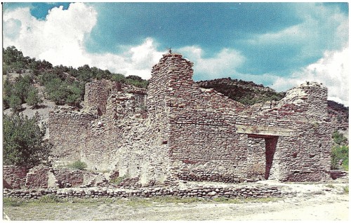 San Diego de Jemez Mission impressive stone ruins near Jemez Springs, New Mexico. This church was established by the Franciscans in 1617 and abandoned in the 12-year Indian rebellion, 1680-92. The Parish priest was killed by a arrow, in the church, on the second day of the rebellion against the Spanish. Kodachrome by Jack Taylor/Published by Old Trail News Agency